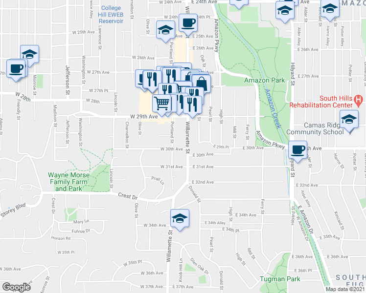 map of restaurants, bars, coffee shops, grocery stores, and more near 2961 Portland Street in Eugene