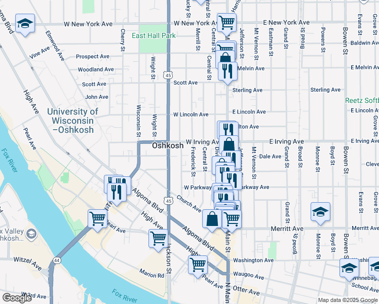 map of restaurants, bars, coffee shops, grocery stores, and more near 216 West Irving Avenue in Oshkosh
