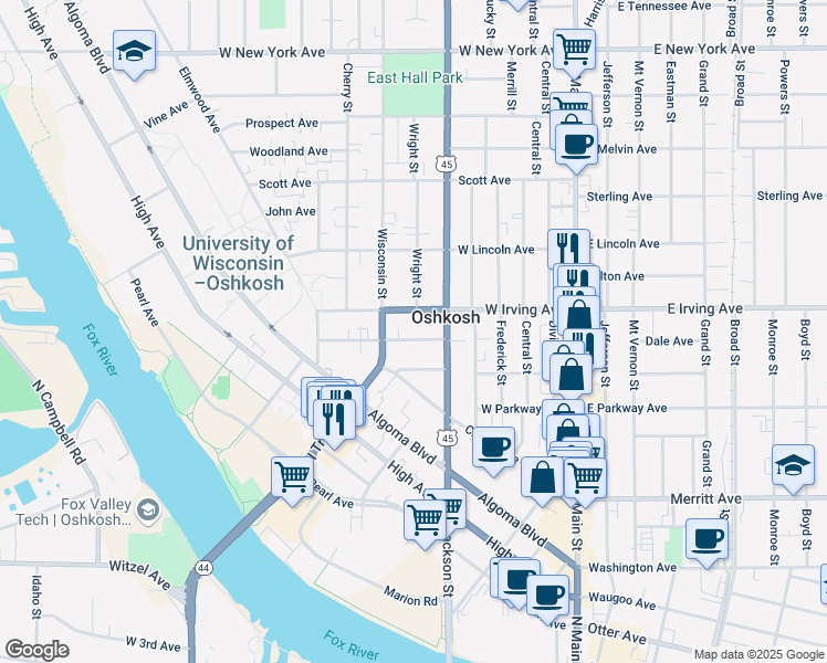 map of restaurants, bars, coffee shops, grocery stores, and more near 706 Wright Street in Oshkosh