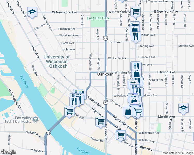 map of restaurants, bars, coffee shops, grocery stores, and more near 706 Wright Street in Oshkosh
