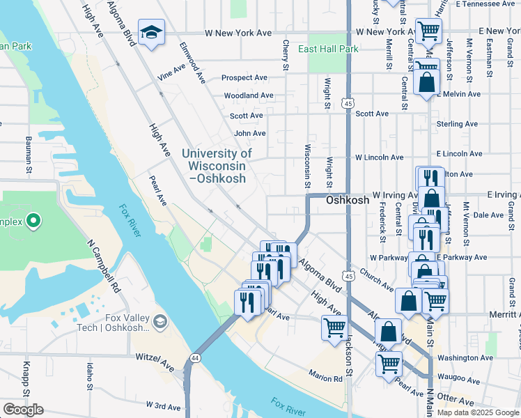 map of restaurants, bars, coffee shops, grocery stores, and more near 635 Elmwood Avenue in Oshkosh
