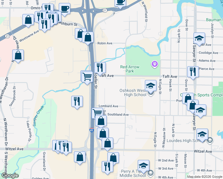 map of restaurants, bars, coffee shops, grocery stores, and more near 1725 Taft Avenue in Oshkosh