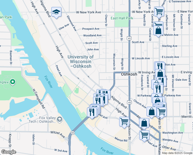 map of restaurants, bars, coffee shops, grocery stores, and more near 635 Elmwood Avenue in Oshkosh