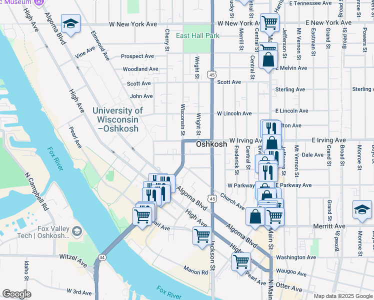 map of restaurants, bars, coffee shops, grocery stores, and more near 604 West Irving Avenue in Oshkosh