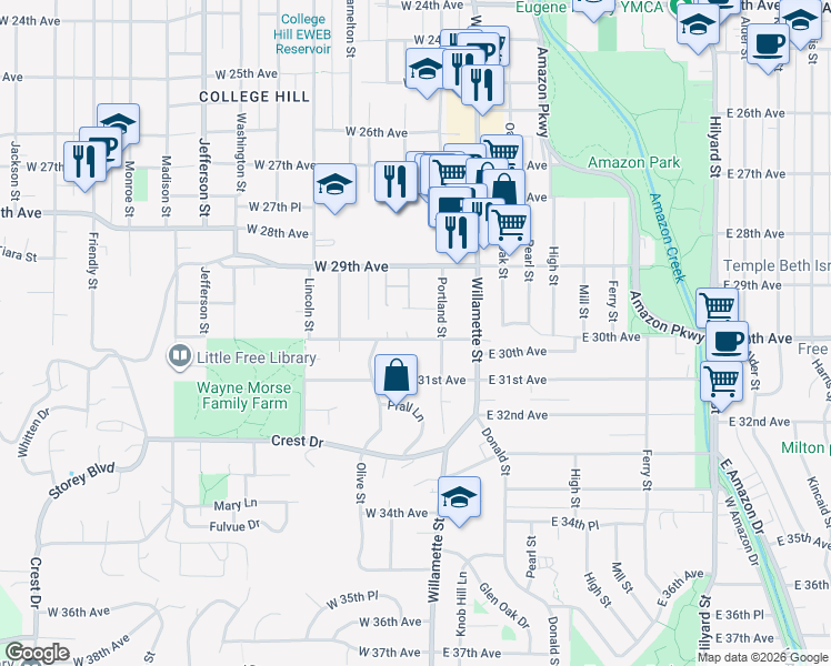 map of restaurants, bars, coffee shops, grocery stores, and more near 55 West 30th Avenue in Eugene