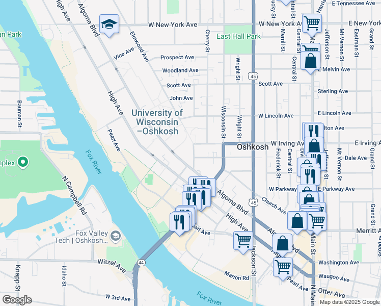 map of restaurants, bars, coffee shops, grocery stores, and more near 635 Elmwood Avenue in Oshkosh