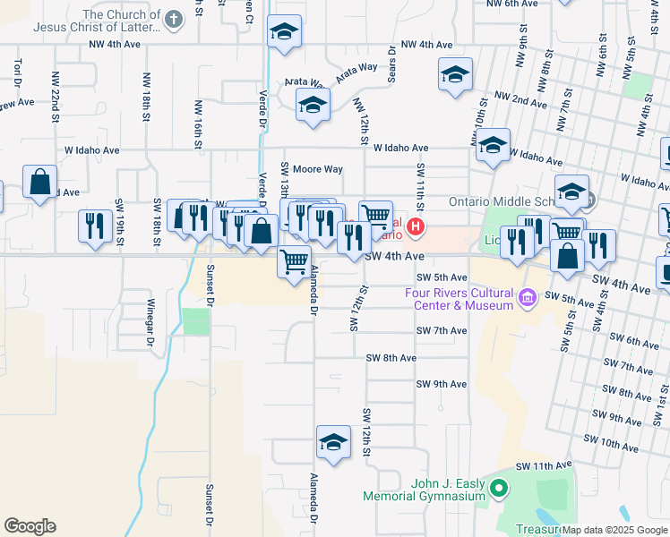 map of restaurants, bars, coffee shops, grocery stores, and more near 1229 Southwest 4th Avenue in Ontario