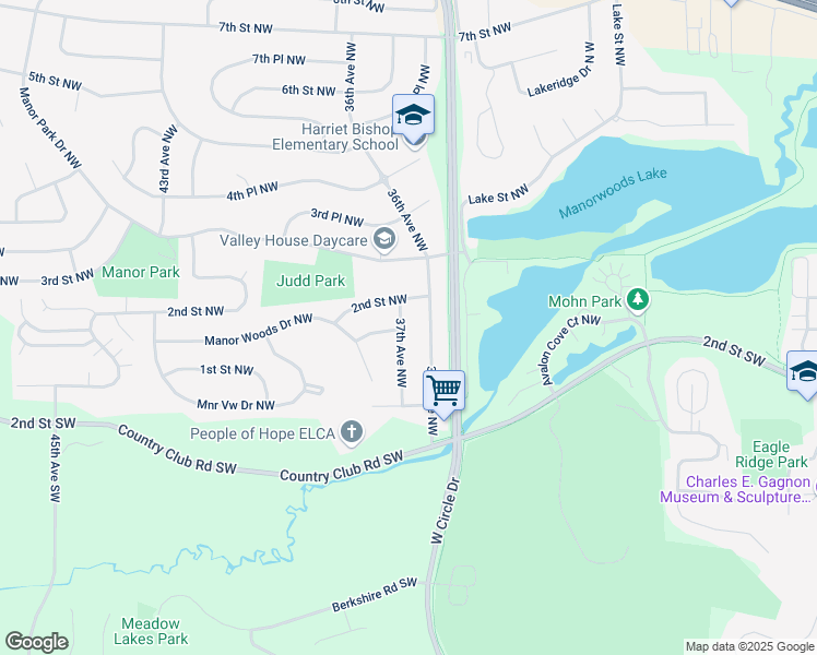 map of restaurants, bars, coffee shops, grocery stores, and more near 172 37th Avenue Northwest in Rochester