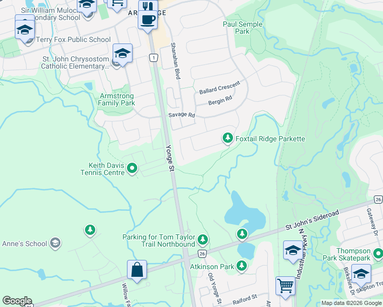 map of restaurants, bars, coffee shops, grocery stores, and more near 10 Foxtail Ridge in Newmarket