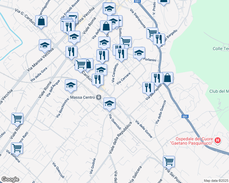 map of restaurants, bars, coffee shops, grocery stores, and more near 171 Via Cervara in Massa