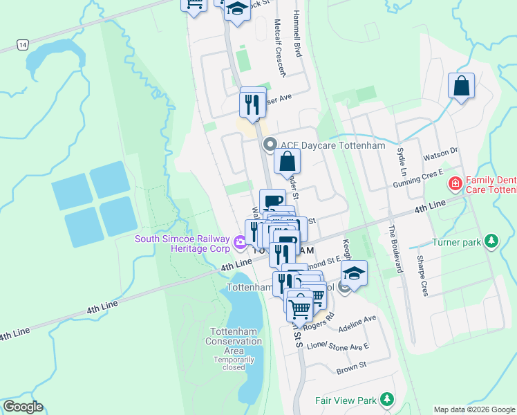 map of restaurants, bars, coffee shops, grocery stores, and more near 68 Walkem Drive in New Tecumseth
