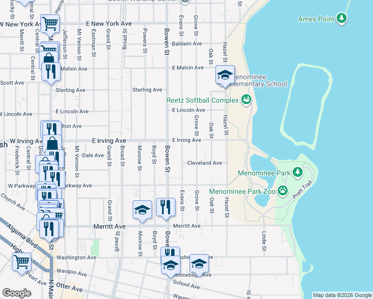 map of restaurants, bars, coffee shops, grocery stores, and more near 914 East Irving Avenue in Oshkosh