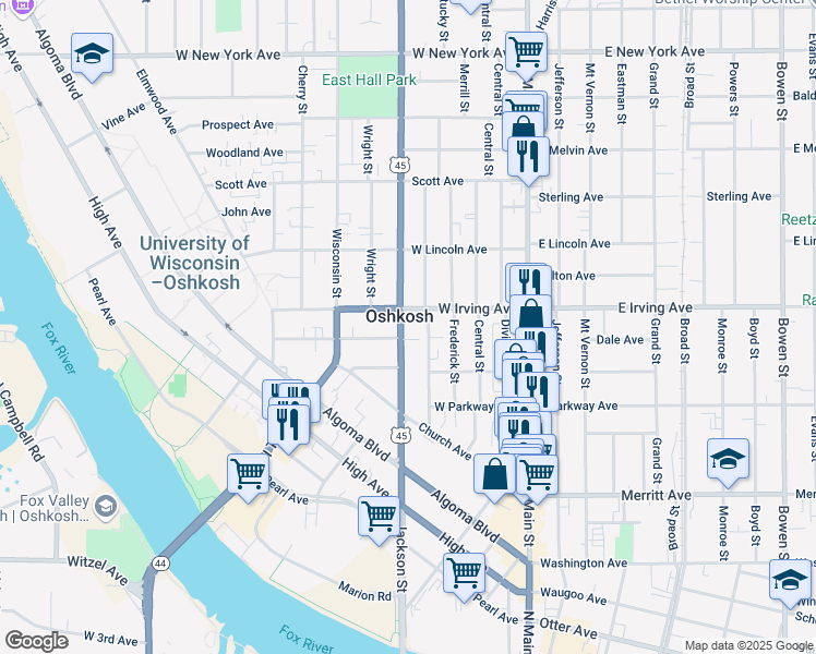 map of restaurants, bars, coffee shops, grocery stores, and more near in Oshkosh