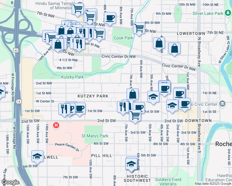 map of restaurants, bars, coffee shops, grocery stores, and more near 826 2nd Street Northwest in Rochester