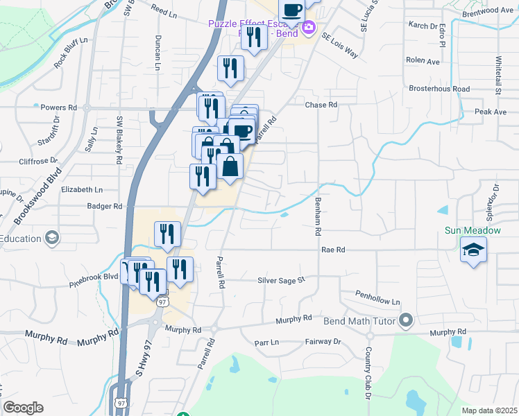 map of restaurants, bars, coffee shops, grocery stores, and more near 20278 Badger Road in Bend