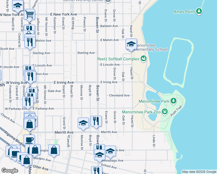 map of restaurants, bars, coffee shops, grocery stores, and more near 914 East Irving Avenue in Oshkosh