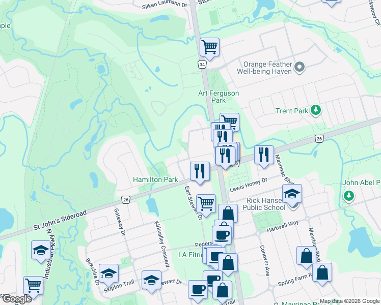 map of restaurants, bars, coffee shops, grocery stores, and more near 9 Ballymore Drive in Aurora