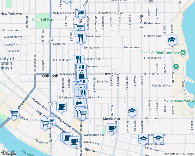 map of restaurants, bars, coffee shops, grocery stores, and more near 216 East Irving Avenue in Oshkosh