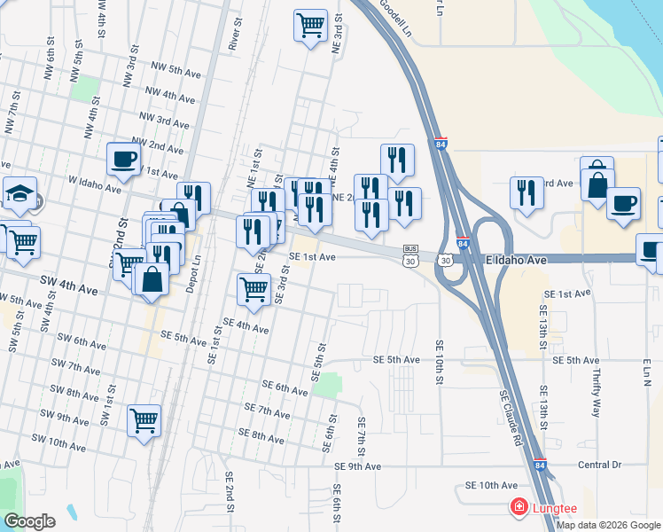 map of restaurants, bars, coffee shops, grocery stores, and more near 532 East Idaho Avenue in Ontario