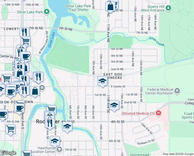 map of restaurants, bars, coffee shops, grocery stores, and more near 204 9th Avenue Northeast in Rochester