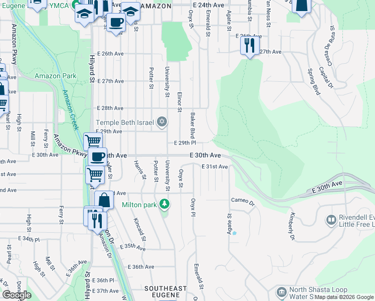 map of restaurants, bars, coffee shops, grocery stores, and more near 1255 East 30th Avenue in Eugene
