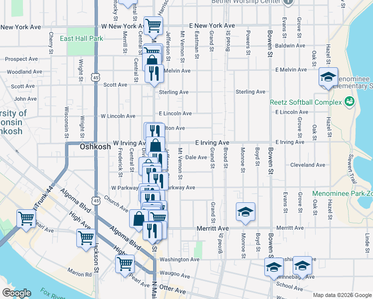 map of restaurants, bars, coffee shops, grocery stores, and more near 216 East Irving Avenue in Oshkosh