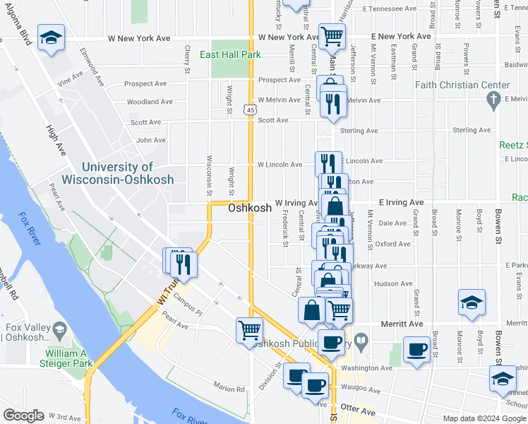map of restaurants, bars, coffee shops, grocery stores, and more near in Oshkosh