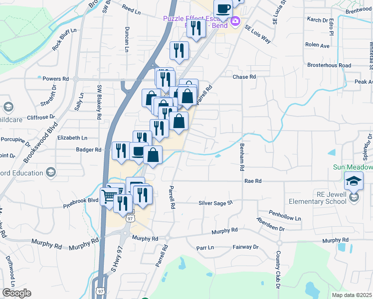 map of restaurants, bars, coffee shops, grocery stores, and more near 20240 Badger Road in Bend