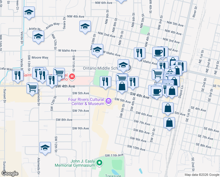 map of restaurants, bars, coffee shops, grocery stores, and more near 698 Olds Ferry-Ontario Hwy in Ontario