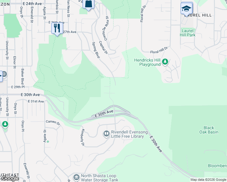 map of restaurants, bars, coffee shops, grocery stores, and more near 2930 Central Boulevard in Eugene
