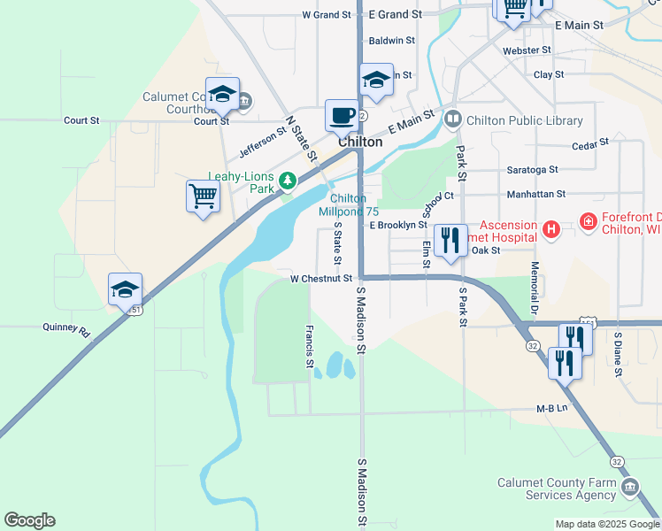 map of restaurants, bars, coffee shops, grocery stores, and more near 701 South State Street in Chilton