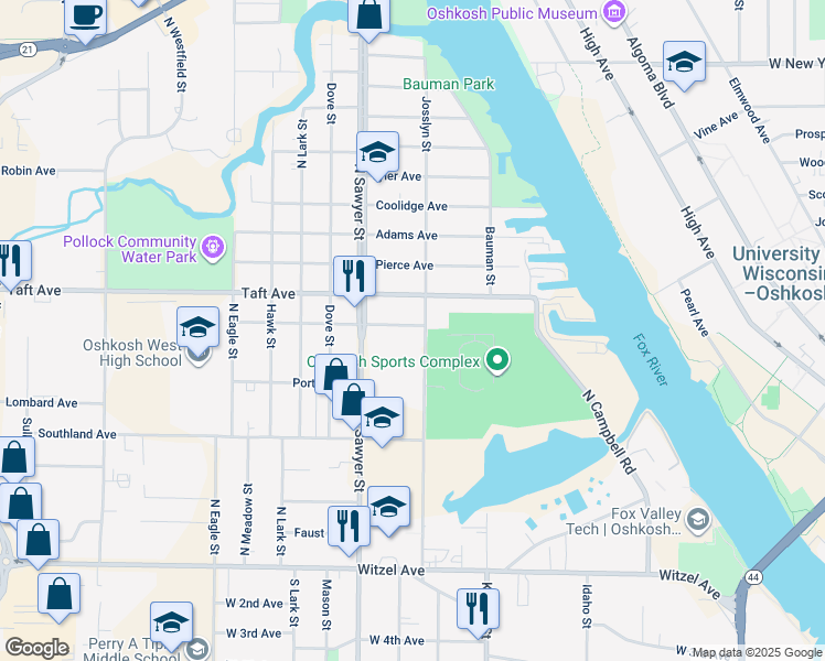 map of restaurants, bars, coffee shops, grocery stores, and more near 499 Josslyn Street in Oshkosh