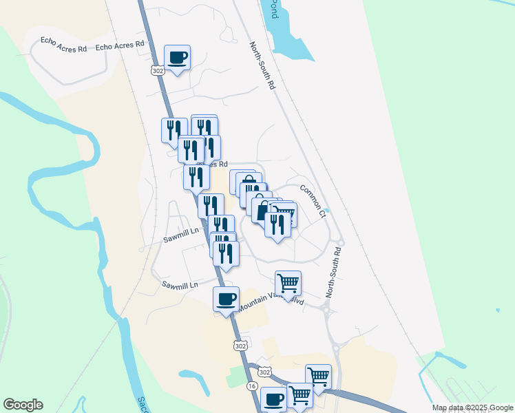 map of restaurants, bars, coffee shops, grocery stores, and more near Common Court in Conway