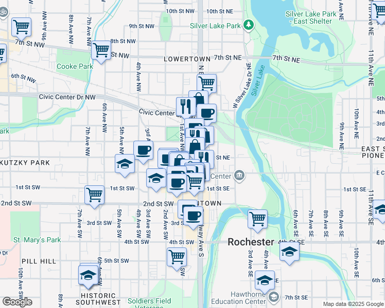 map of restaurants, bars, coffee shops, grocery stores, and more near in Rochester