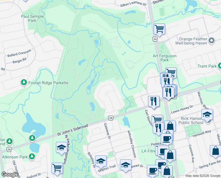 map of restaurants, bars, coffee shops, grocery stores, and more near 130 Rush Road in Aurora