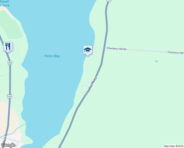 map of restaurants, bars, coffee shops, grocery stores, and more near 12432 Loyalist Parkway in Prince Edward