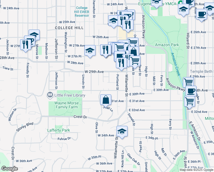 map of restaurants, bars, coffee shops, grocery stores, and more near 65 West 30th Avenue in Eugene