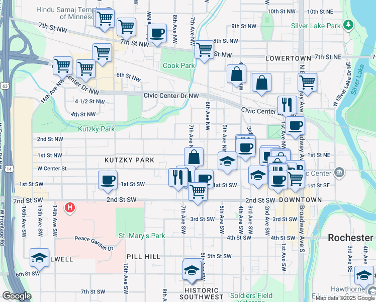 map of restaurants, bars, coffee shops, grocery stores, and more near 103 7th Avenue Northwest in Rochester