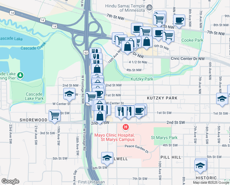 map of restaurants, bars, coffee shops, grocery stores, and more near 1417 1st Street Northwest in Rochester