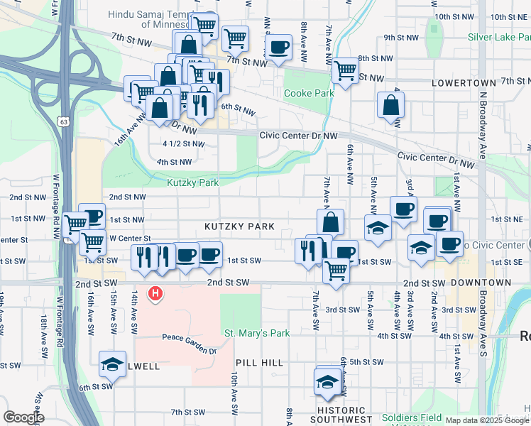 map of restaurants, bars, coffee shops, grocery stores, and more near 117 9th Avenue Southwest in Rochester