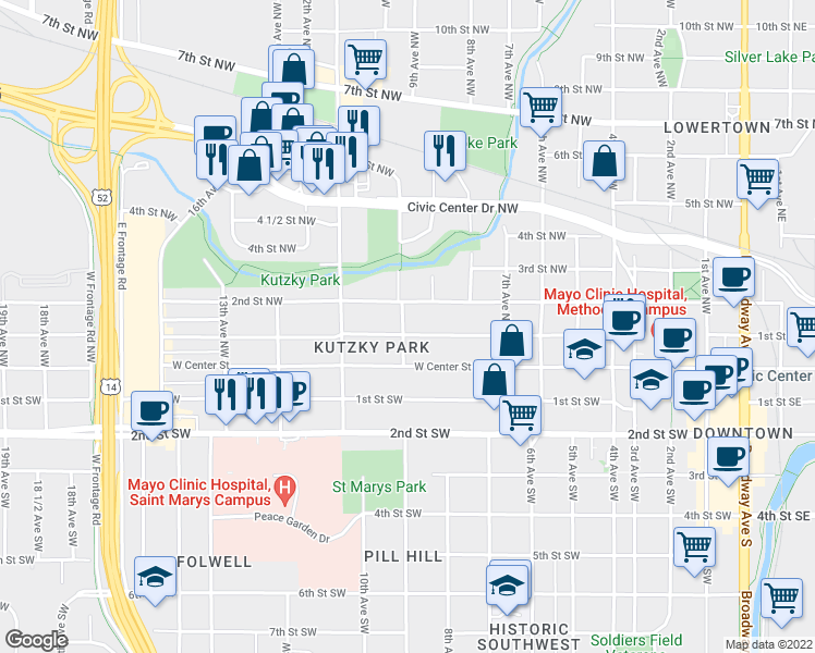 map of restaurants, bars, coffee shops, grocery stores, and more near 859 1st Street Northwest in Rochester