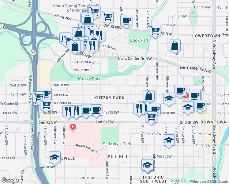 map of restaurants, bars, coffee shops, grocery stores, and more near 117 9th Avenue Southwest in Rochester