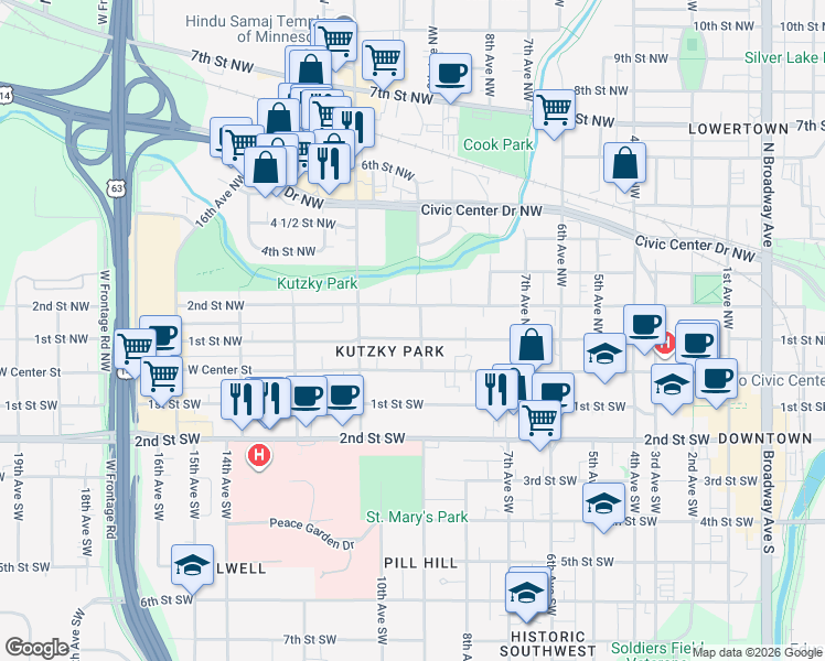 map of restaurants, bars, coffee shops, grocery stores, and more near 117 9th Avenue Southwest in Rochester