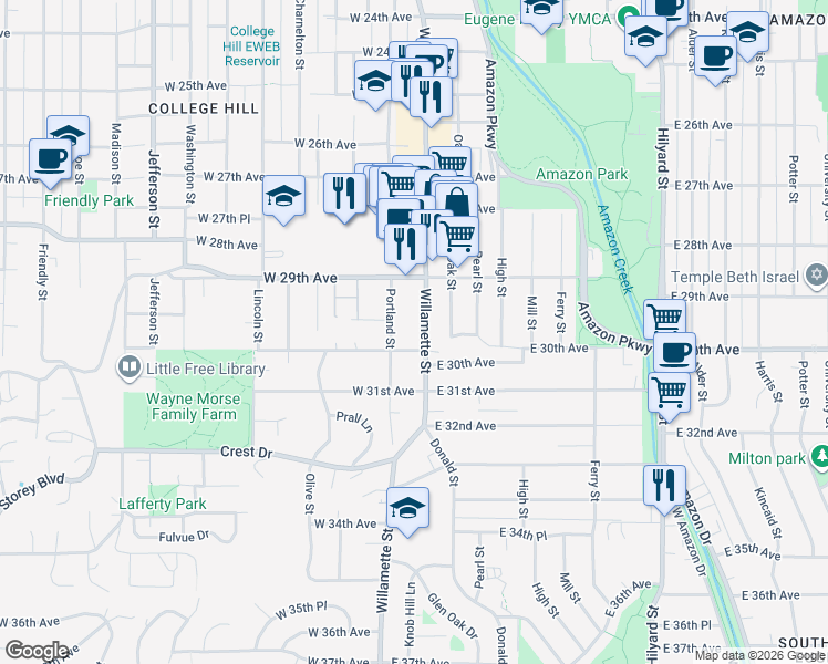 map of restaurants, bars, coffee shops, grocery stores, and more near 2961 Portland Street in Eugene