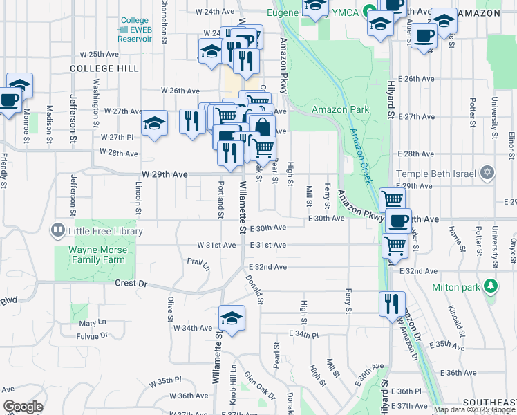 map of restaurants, bars, coffee shops, grocery stores, and more near 2988 Oak Street in Eugene