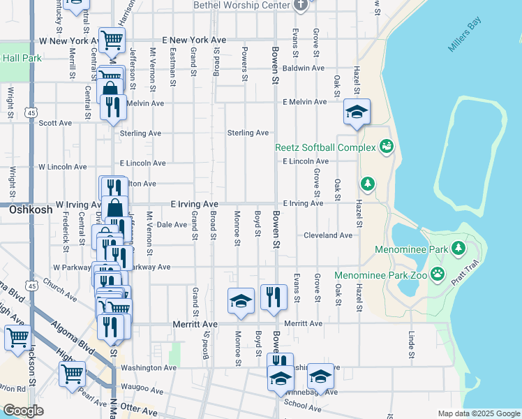 map of restaurants, bars, coffee shops, grocery stores, and more near 728 East Irving Avenue in Oshkosh