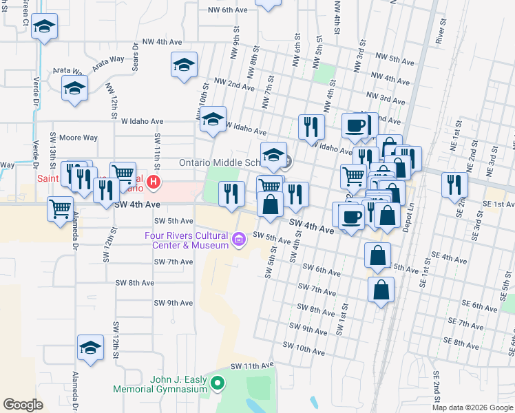 map of restaurants, bars, coffee shops, grocery stores, and more near 621 Southwest 4th Avenue in Ontario