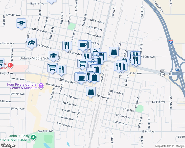 map of restaurants, bars, coffee shops, grocery stores, and more near 65 SW 2nd Ave in Ontario