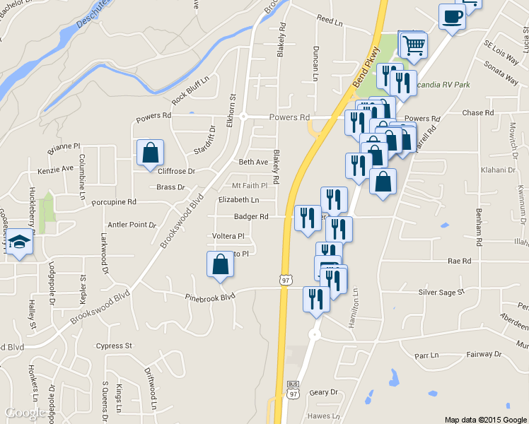map of restaurants, bars, coffee shops, grocery stores, and more near 20085 Elizabeth Lane in Bend