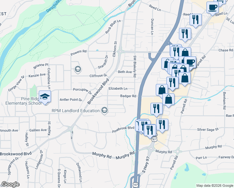 map of restaurants, bars, coffee shops, grocery stores, and more near 20049 Elizabeth Lane in Bend